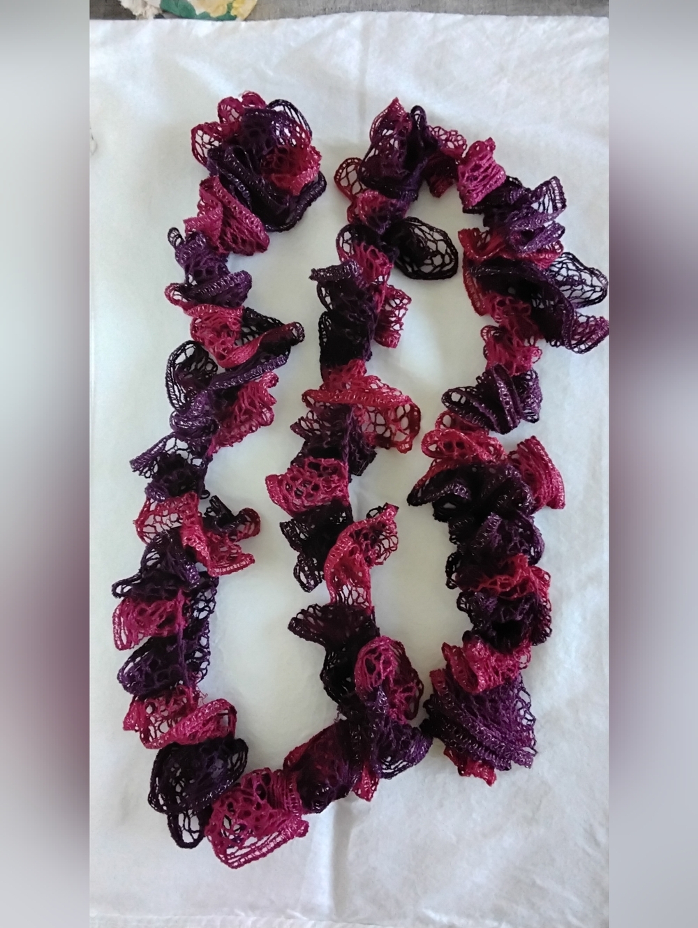 Hand Crafted Crochet Ruffled Scarf in Maroon and Burgundy